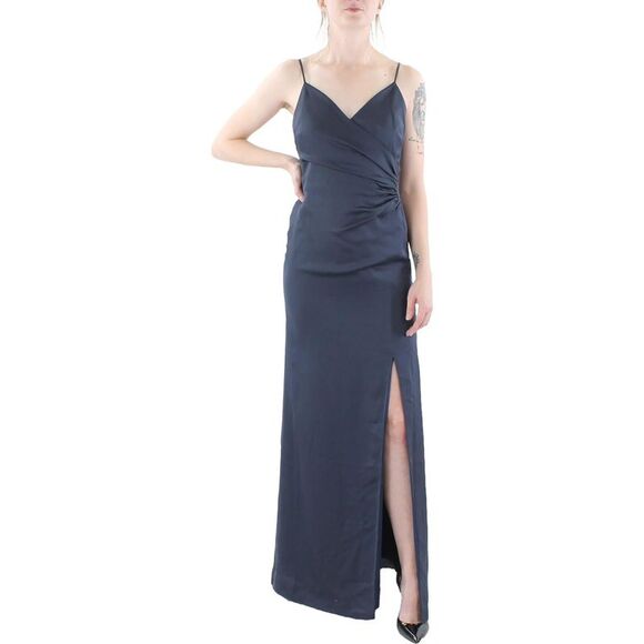AQUA FORMAL Womens Navy Lined Self Tie Open Back Zippe Spaghetti Strap Dress 4 - Picture 1 of 1